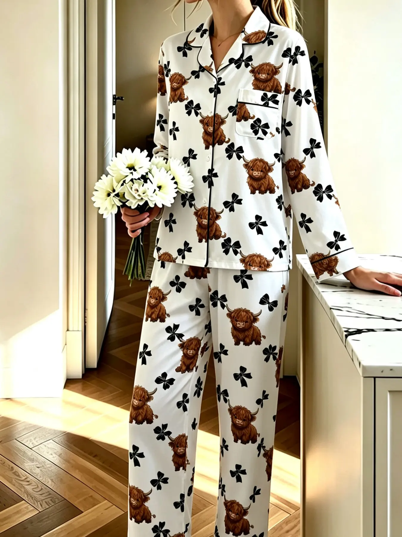 Women's Two-Piece Pajama Set, Cartoon Print Long Sleeve Top and Pants, Soft and Durable, Perfect for All Seasons, Casual Home Wear