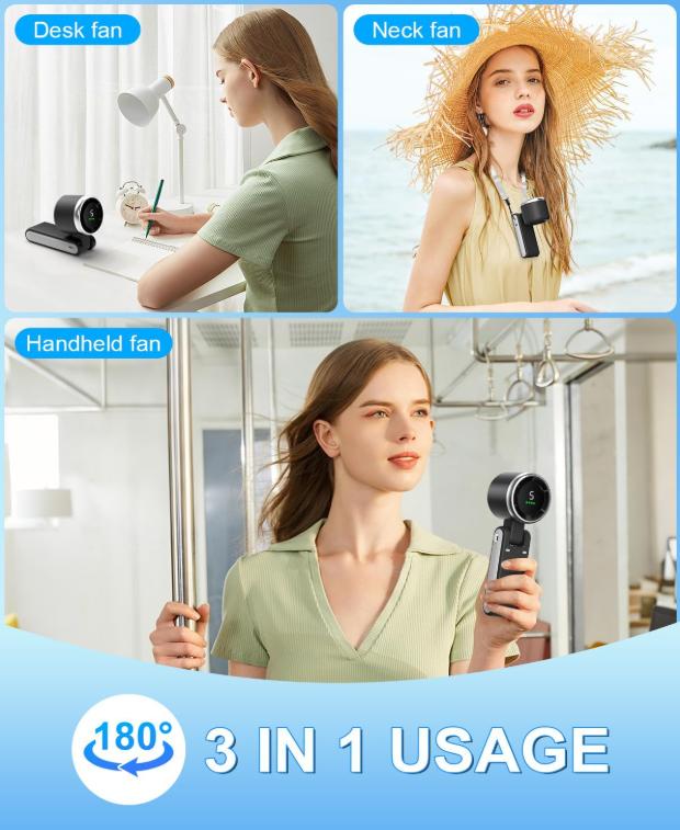 3-in-1 Head-Fold Handheld/Neck/Desk Portable Turbo Fan with LED Display, 3600mAh USB C Rechargeable 12H Runtime,13550 RPM 5 Speeds Adjustable Pocket Cooling Fans for Travel/Camping/Office/Makeup 3-in-1 Head-Fold Handheld/Neck/Desk Portable Turbo Fan with LED Display, 3600mAh USB C Rechargeable 12H Runtime,13550 RPM 5 Speeds Adjustable Pocket Cooling Fans for Travel/Camping/Office/Makeup