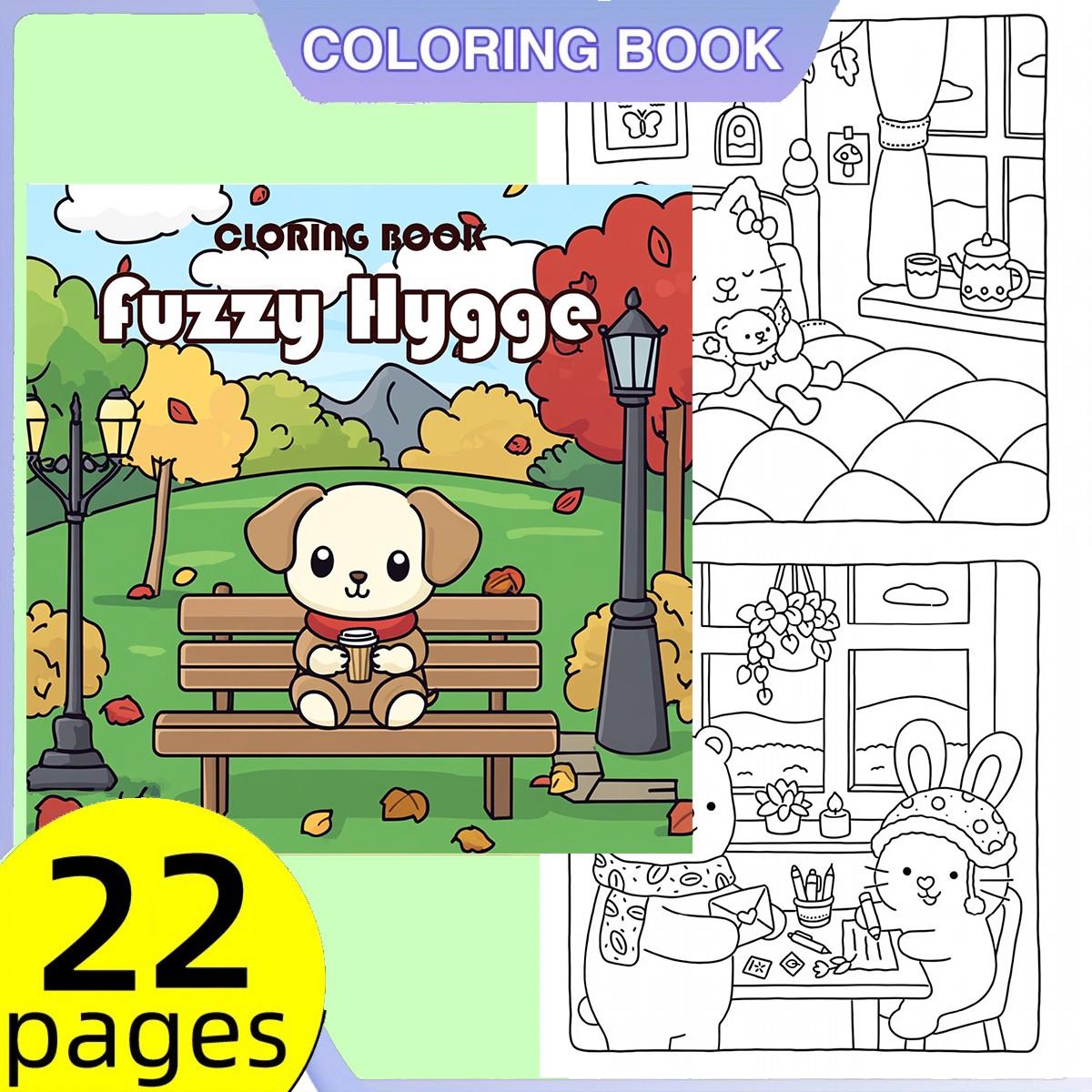 Cute Kawaii Fuzzy Hygge Coloring Book, Bold & Easy for Kids & Adults, 22 Pages 120gsm No Bleed Thick Paper, Odorless Glue Binding, Stress Relief