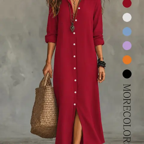 【Black Friday】Women's Plain Button Collar Long Sleeve Shirt Dress, Casual Fashion Long Dress for Daily Outdoor Wear, Spring Buttoned Dress