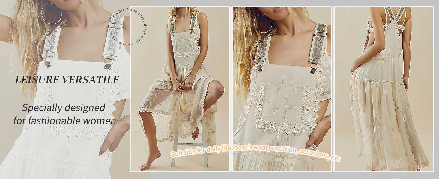 Chouyatou Women's Summer Laced Embroidered Tulle Bib Beachwear Dress Casual Comfortable Loose Adjustable Straps Maxi Dress Womenswear Flared SpringStatements