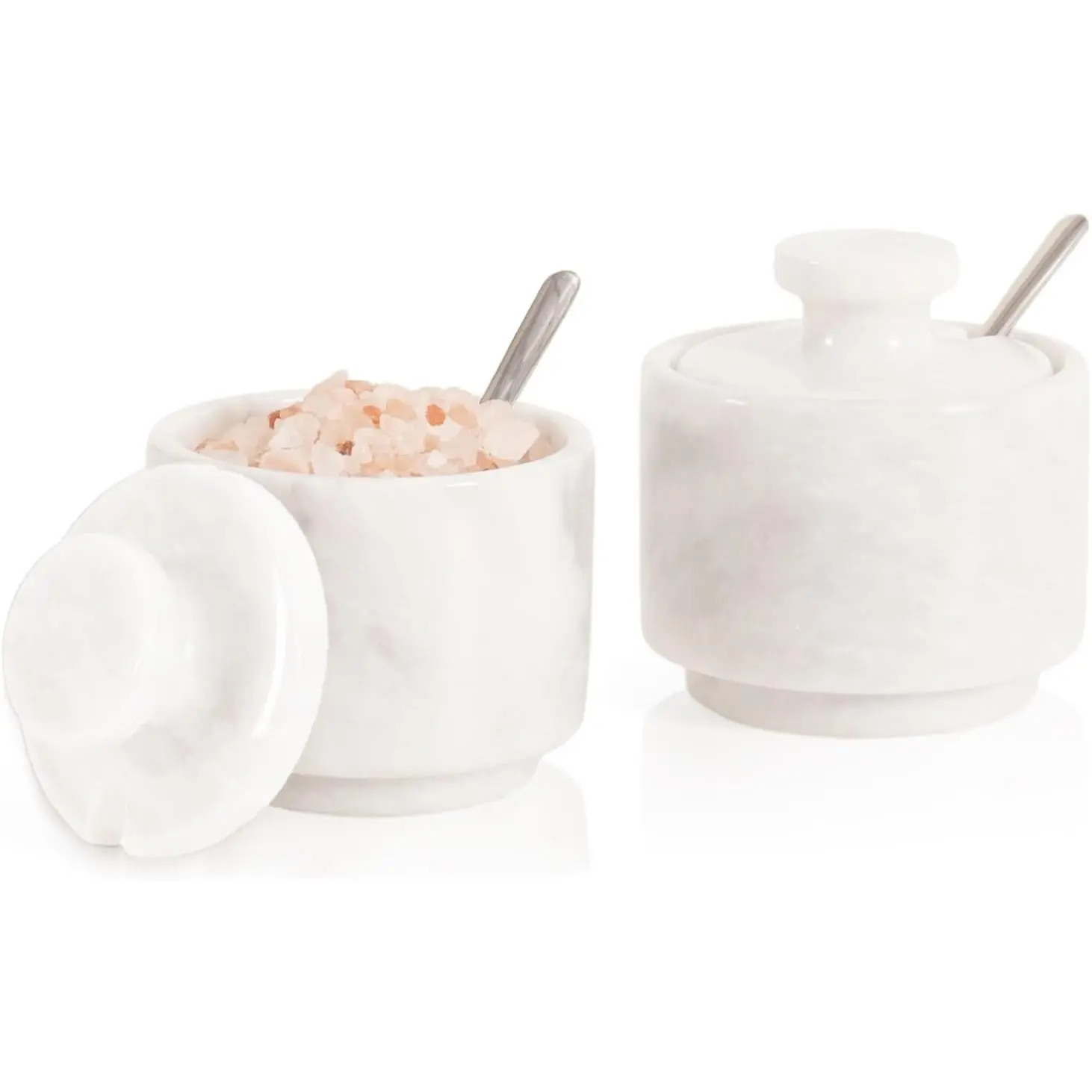 Marble Salt Cellar 3" Inch White Celtic Salt, Seasoning Containers for Kitchen Decor, Set of 2 Spice Jars, Countertop Storage, Sugar Bowl with Lid and Spoon, Ideal Gift for New Home