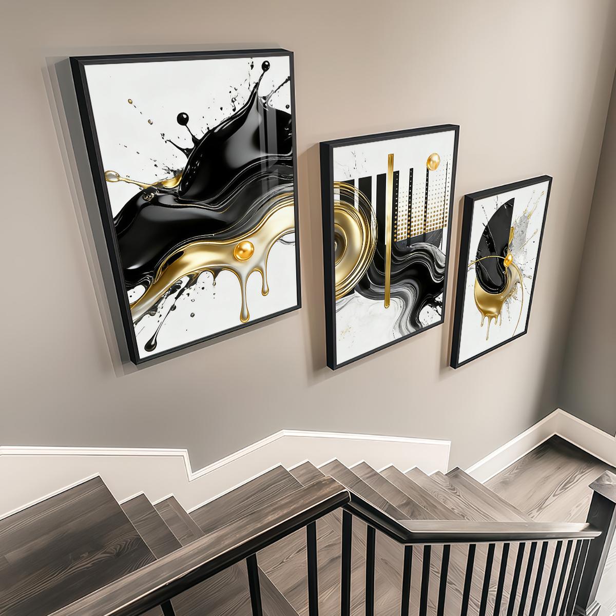 3 Counts Aluminum Alloy Framed Painting, Abstract Black And Gold Fluid Art Pictures, Home Decoration For Living Room, Bedroom, Office, Restaurant, Hallway Wall Decor, Odorless Print Artwork, Luxury Perfect Gift For Friends And Family