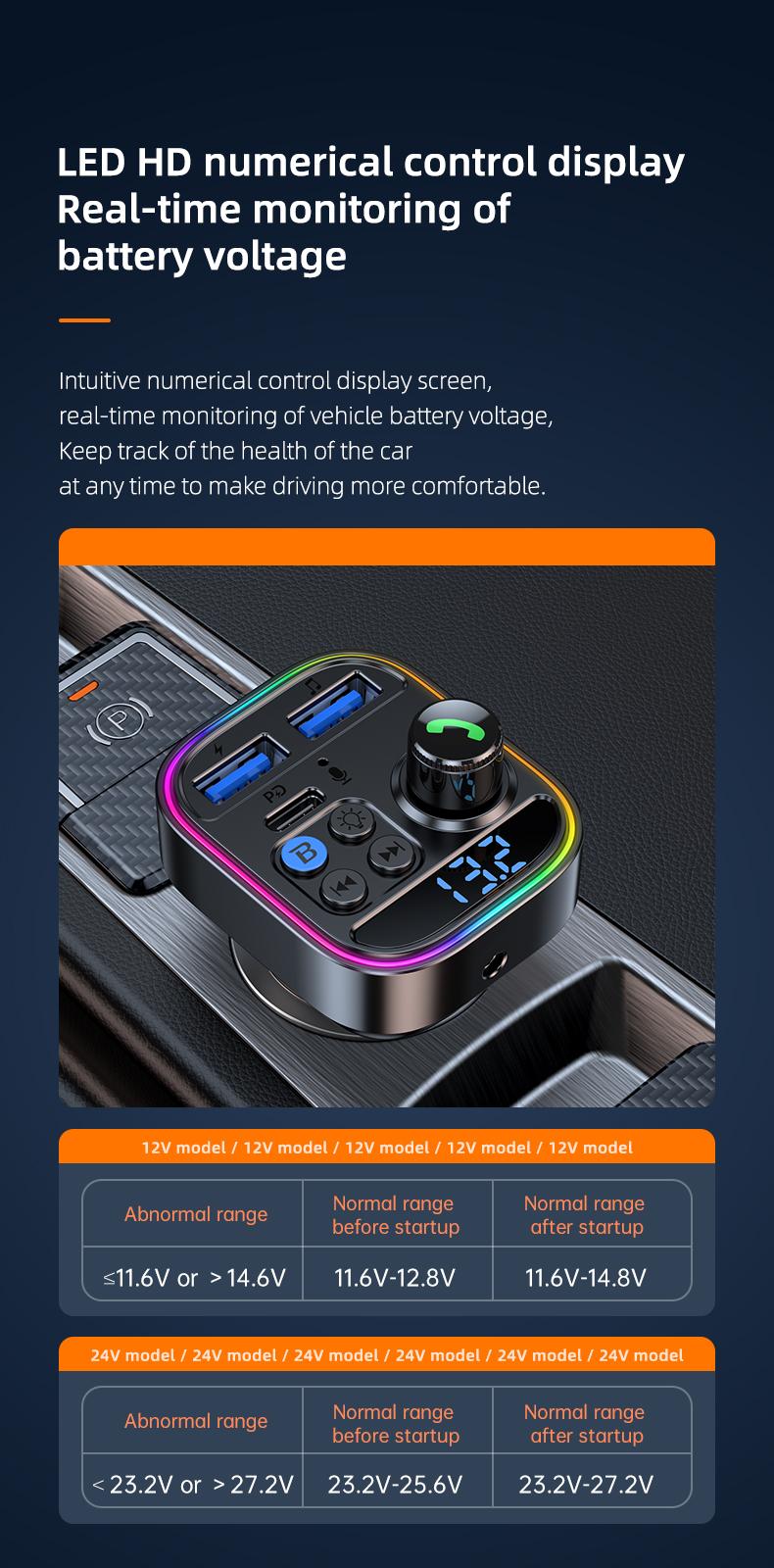 Fast Wireless 5.0FM Transmitter MP3 Player - Hands-Free Call, Adjustable High & Low Pitch, U Disk, PD30W Fast Charger, C USB Car Fast Charging Adapter - Compact Design for Easy Use Mini Audio