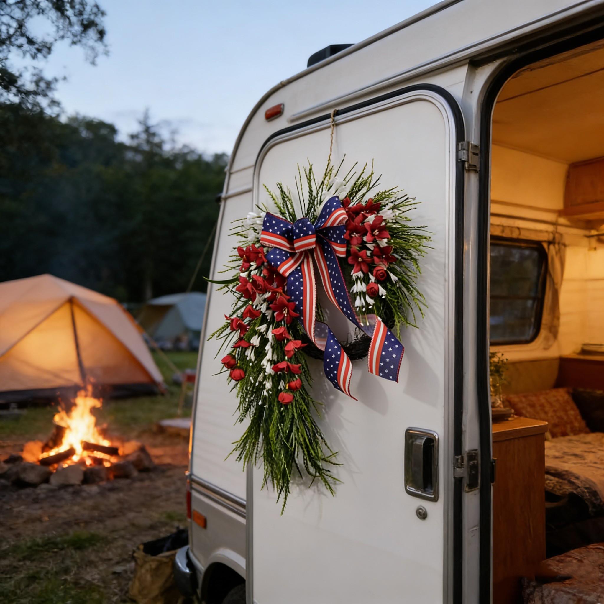 Elegant Patriotic Water Drop Wreath, Floral Accents, Star Spangled Bow, Memorial Day & Veterans Day Door Decor