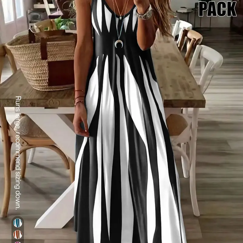 & Stripe Maxi Nightdress, Sleeveless, Spaghetti Strap, Comfortable Sleepwear for Women, Stylish Long Dress for Bedroom, Soft Fabric Evening Gown, Loungewear, Sleep Dress Pockets