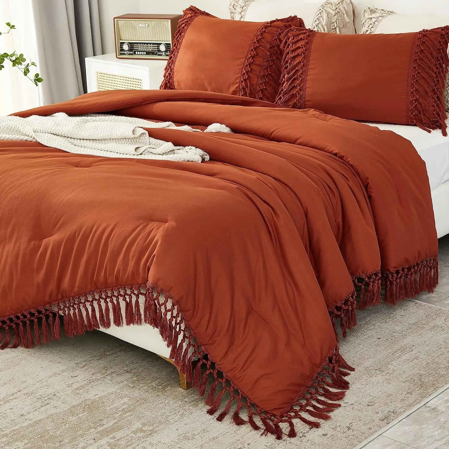 Terracotta Comforter Set Cal King, 3 Pieces Boho Tassel Bedding | Lightweight Soft Comforter Sets(104x96In) and 2 Pillowcases, All-Season Fluffy Fringe