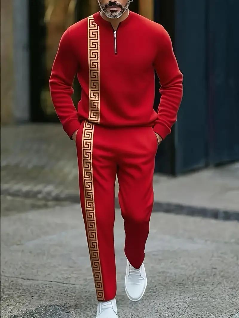 Men's European American-Style Sportswear Set Half-Zip Top & Matching Trousers Golden Greek Fretwork Design Comfortable Fabric for Daily Streetwear
