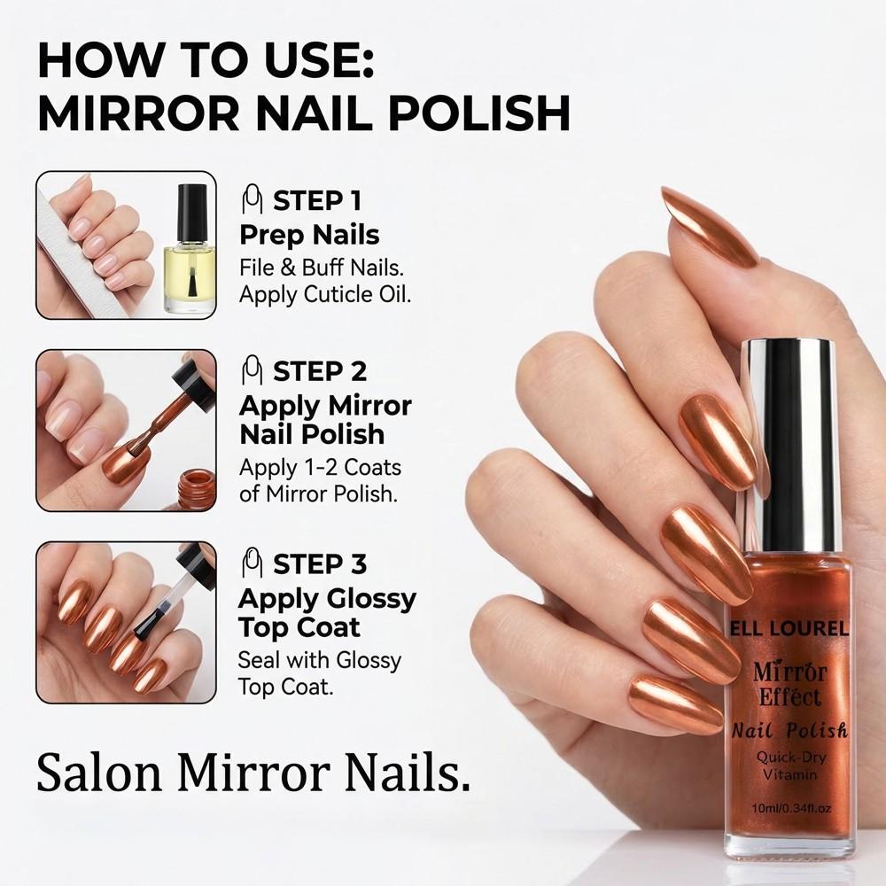ELL LOUREL Mirror Effect Nail Polish, 10ml Copper Orange Quick-Dry Keratin-Infused Nail Varnish, Alcohol-Free, Long-Lasting High Gloss, Top Coat Required for Ultimate Mirror Shine, Ideal for Parties, Holidays & Special Occasions, Perfect Nail Gift, 0.34fl