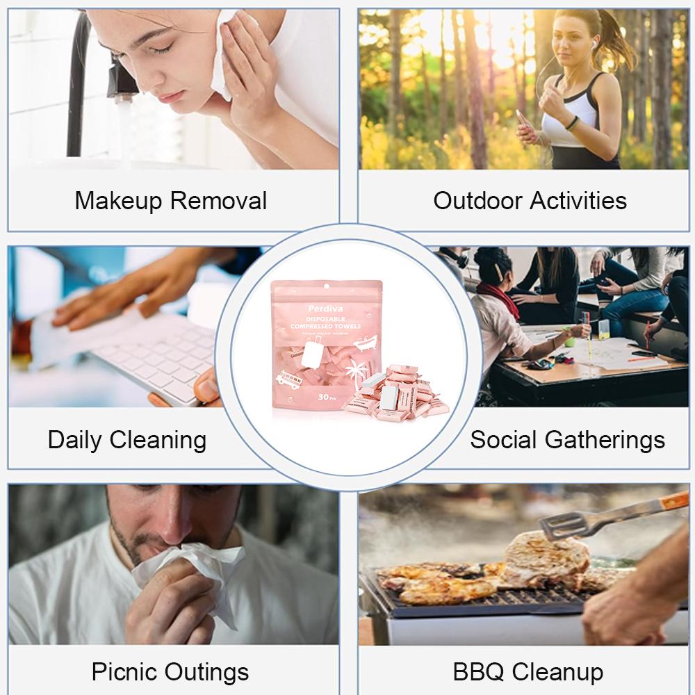 Disposable Compressed Towel Tablets, 30Pcs, Portable Compact Face Towels for Home, Camping, Hiking, Travel, Picnics & Gym Workouts, Ideal for On-the-Go Hand/Face Cleansing & Make-Up Use