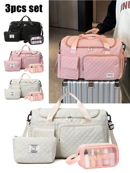 Three-piece travel bag set, niche design, multi-functional handbag, small bag and toiletry bag combination, large capacity, fashionable and versatile, multi-color optional, suitable for short trips, outdoor camping, etc., Travel Essentials Carryall
