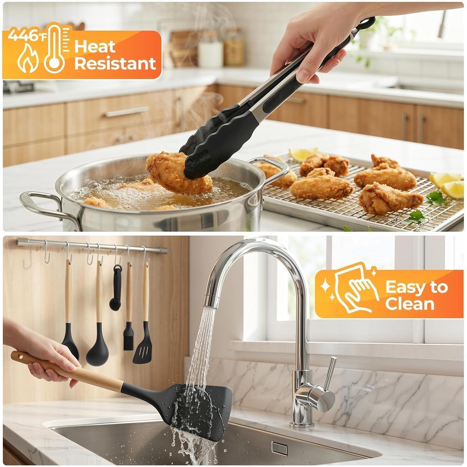 Kitchen Utensils Set - 33 count, Heat-Resistant  Cooking Utensils Set with Wooden Handle,  Kitchen Gadgets Spatula Sets with Holder for Nonstick Cookware (Black)