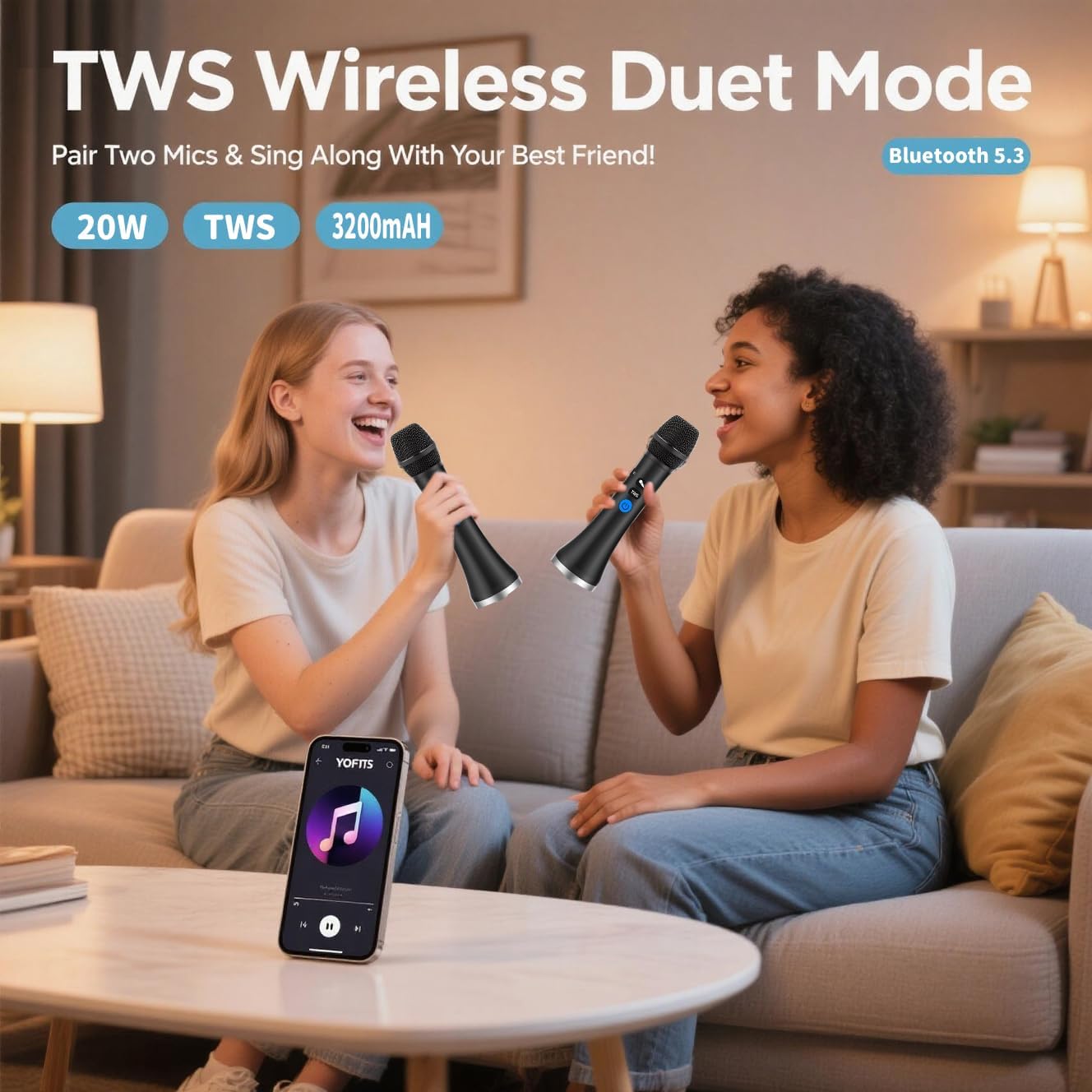 YF79   Microphone, 20W Portable Karaoke Machine with 2 Mic Duet, 10H Playtime,  Dynamic Mic for Live Streaming, Party,  Karaoke, Compatible with iOS/Android Phones