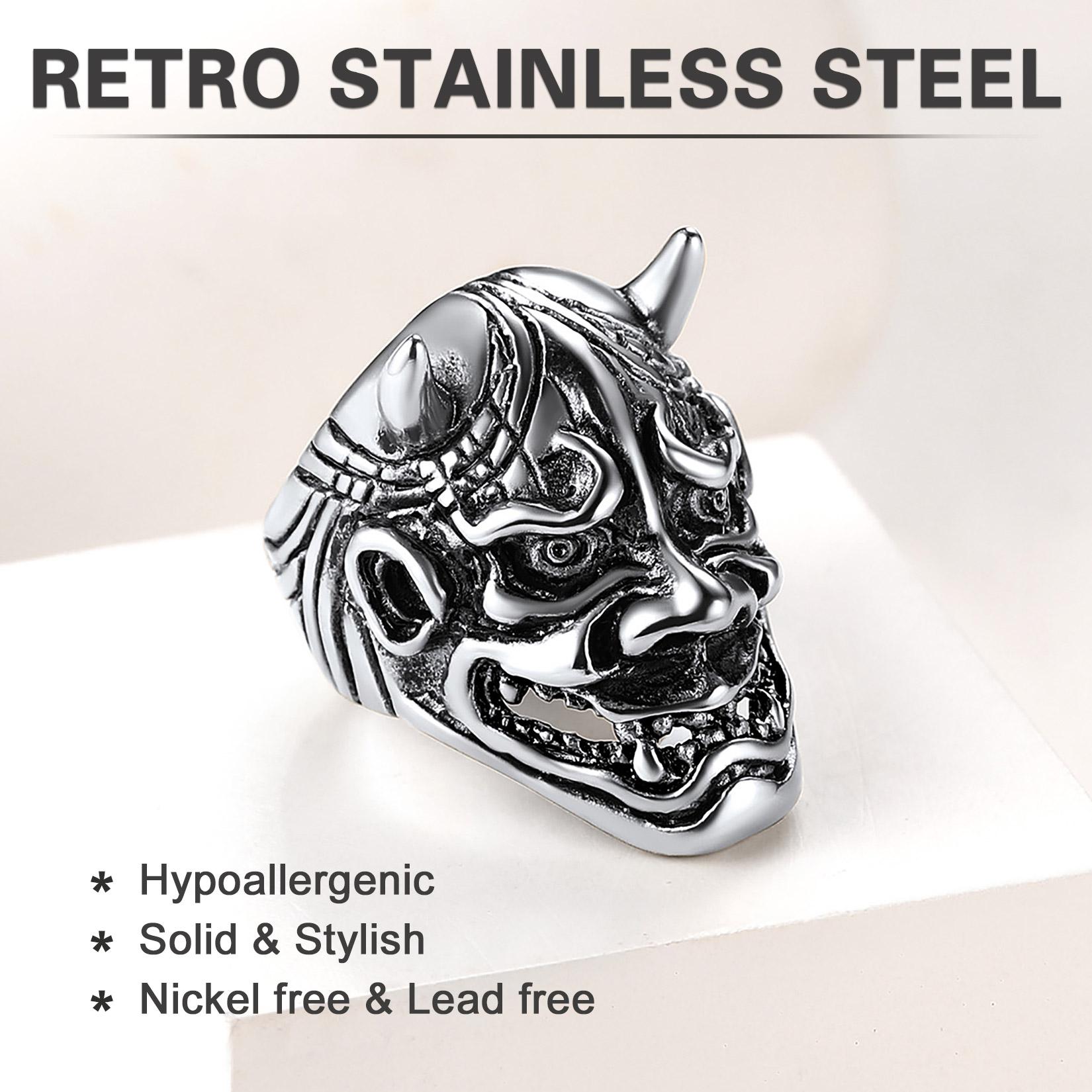 U7 Gothic Hannya Mask Skull Ring Cool Biker Jewelry Men's Cool Signet Ring for Halloween