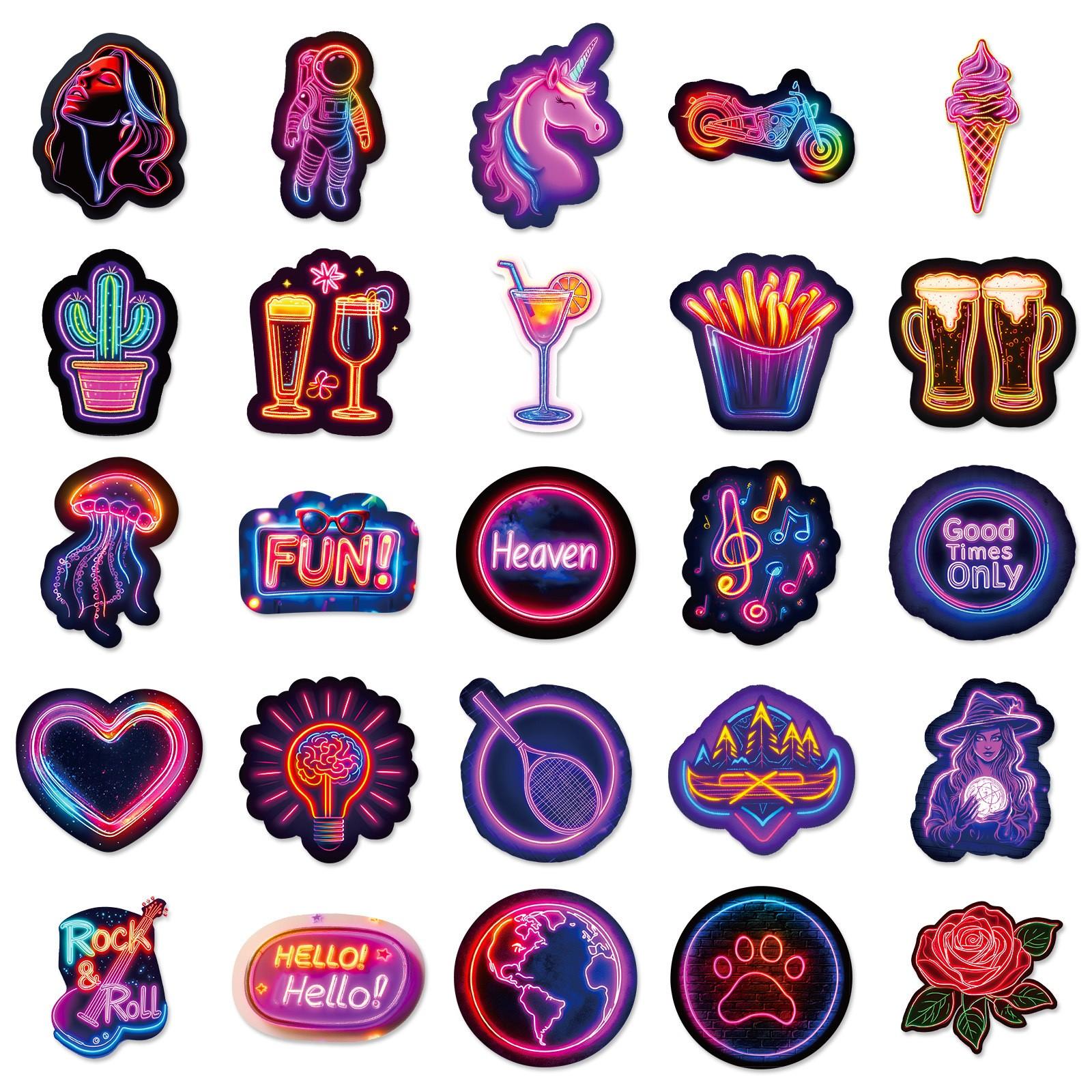 50 Sheets Creative Neon Graffiti Stickers for Luggage & Laptop Decals, Unique Non-Repeating Designs, Perfect Decorations