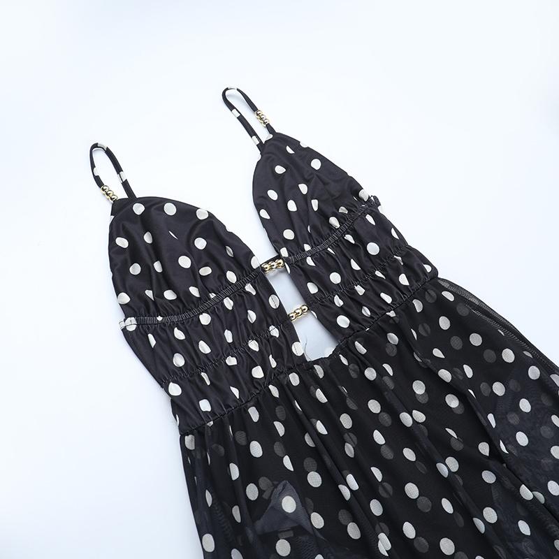 XY25192PFO-Spring Break Outfits, Womens Casual Vacation See-through Mesh Polka Dot Sleeveless Deep-V Neck A-line Spaghetti Strap Long Dress, Holiday Beach Sheer Mesh Dress SpringStatements