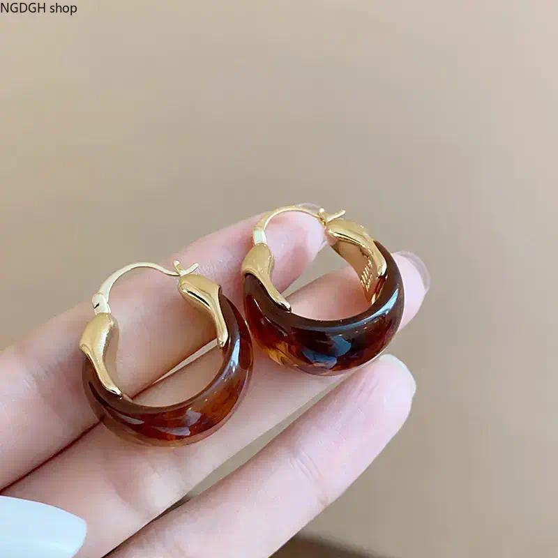 Women's Synthetic Tiger Eye Stone Fashion Earrings - Vintage Brown Marbled, Plain Minimalist Fashion Jewelry, Versatile Casual Accessory for Fall Sports & Outdoor Outfits, Single Pair