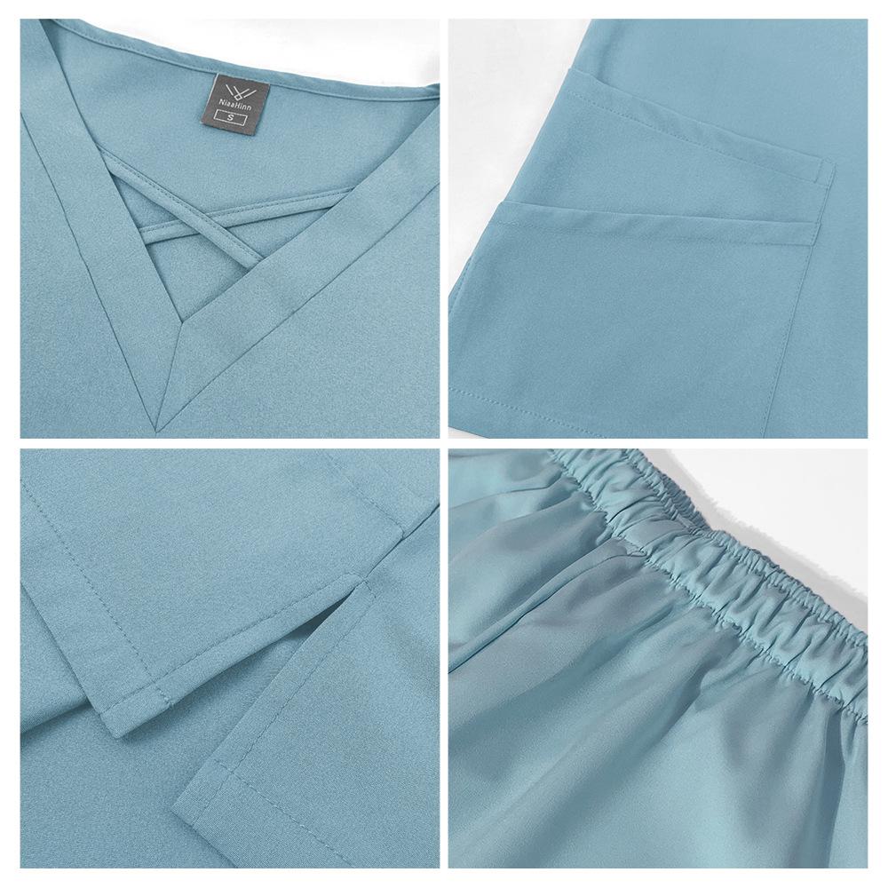 Womens Short Sleeve Long Pants Scrub Uniform Nursing Home Beauty Dental Clinic Surgery Room Nurse Outfit Comfortable Durable Workwear