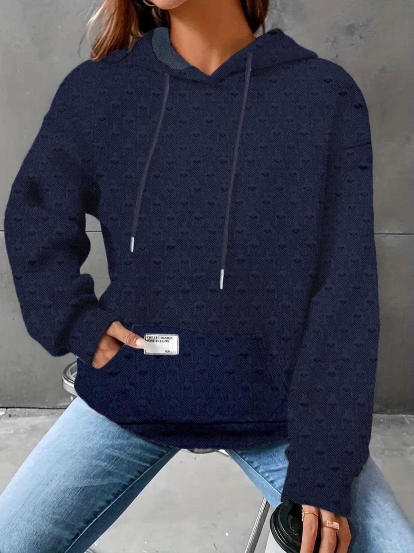 Women's Letter Patched Waffle Textured Drop Shoulder Hoodie, Fashion Casual Long Sleeve Drawstring Pocket Hooded Sweatshirt for Daily Holiday Outdoor Wear, Women Clothing for Fall & Winter
