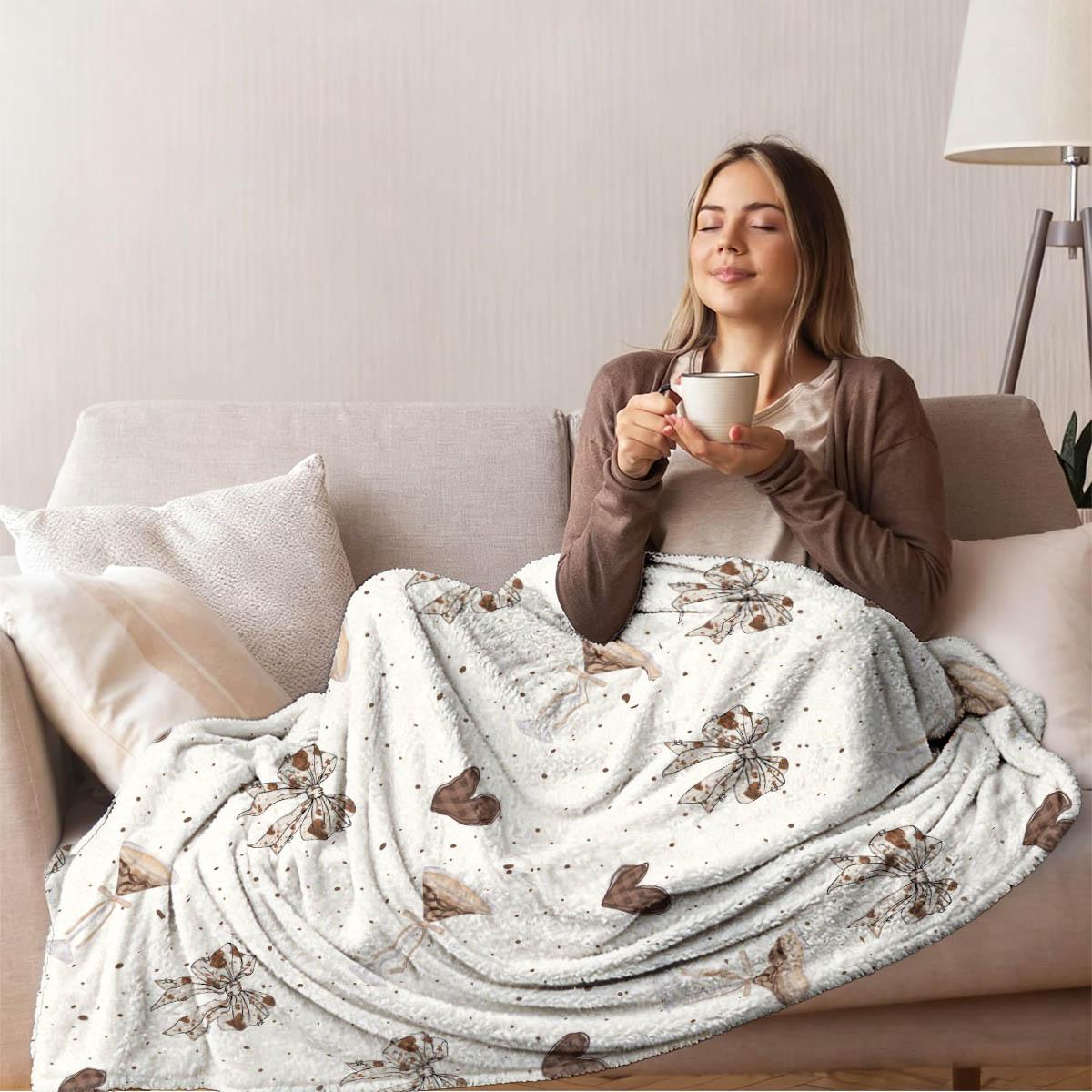 Minimalist High-Heeled Cup and Bowknot Print Blanket, Soft Flannel, Warm and Breathable, Sofa Nap Bed Decor, Gift for Home Pets