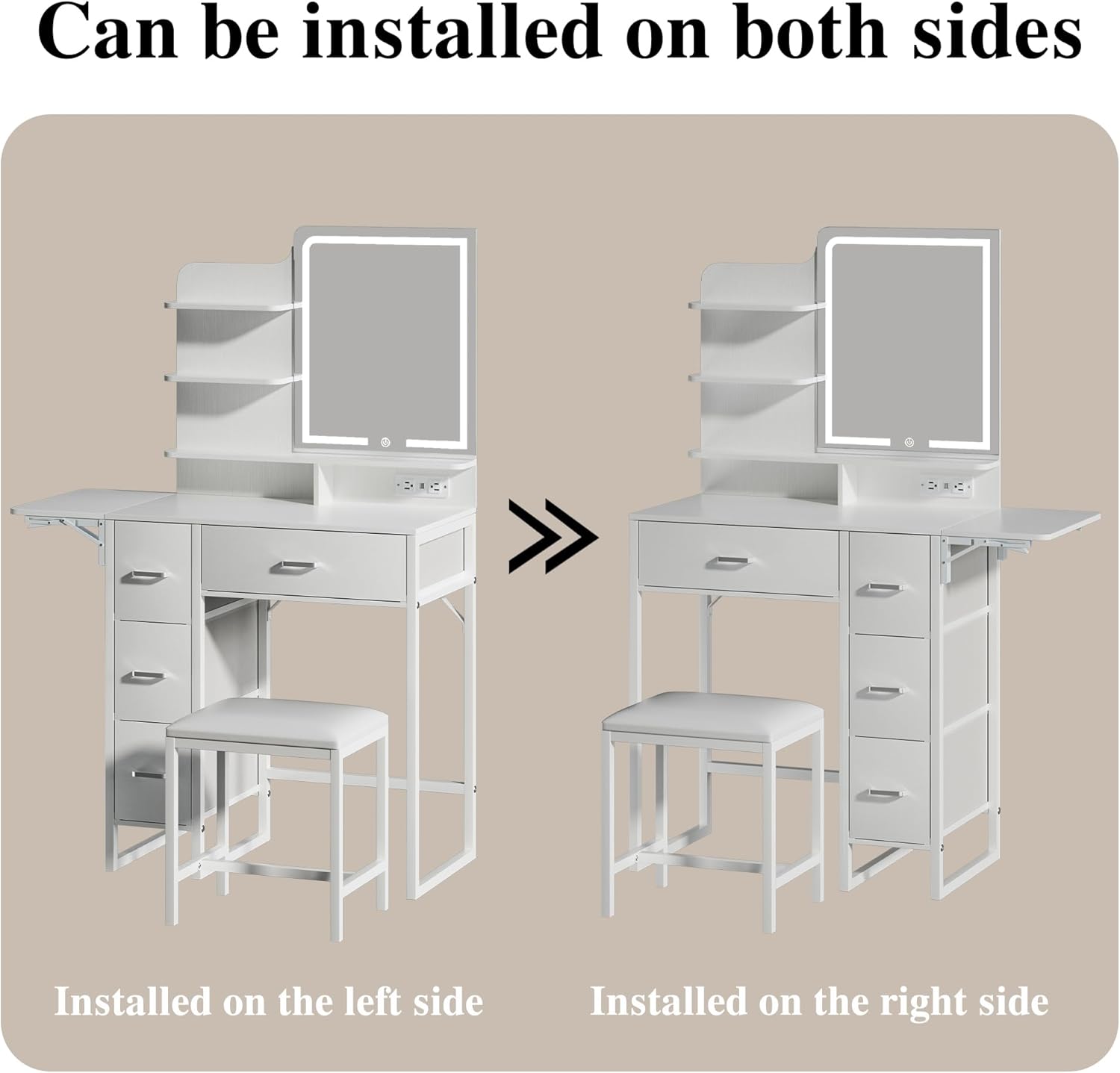 Makeup Vanity Desk with Mirror and Lights, 36.6" Small Makeup Vanity with 4 Fabric Storage Drawer & Chair & Shelves, White Vanity with Fold-up Panel and Power Outlet for Bedroom