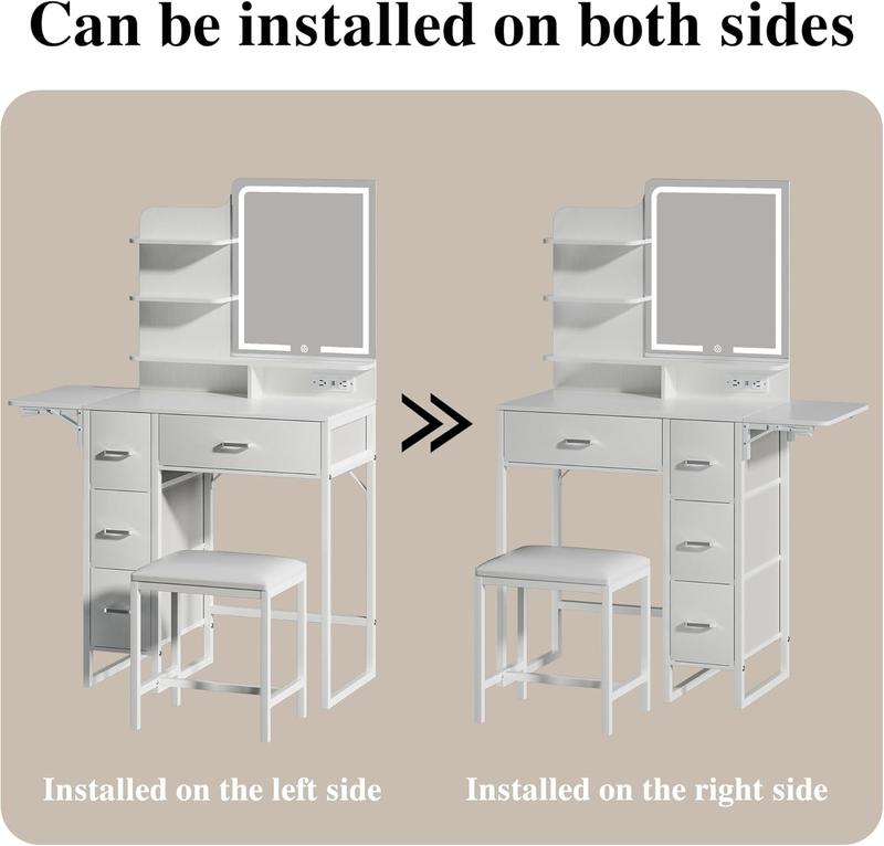 Makeup Vanity Desk with Mirror and Lights, 36.6" Small Makeup Vanity with 4 Fabric Storage Drawer & Chair & Shelves, White Vanity with Fold-up Panel and Power Outlet for Bedroom