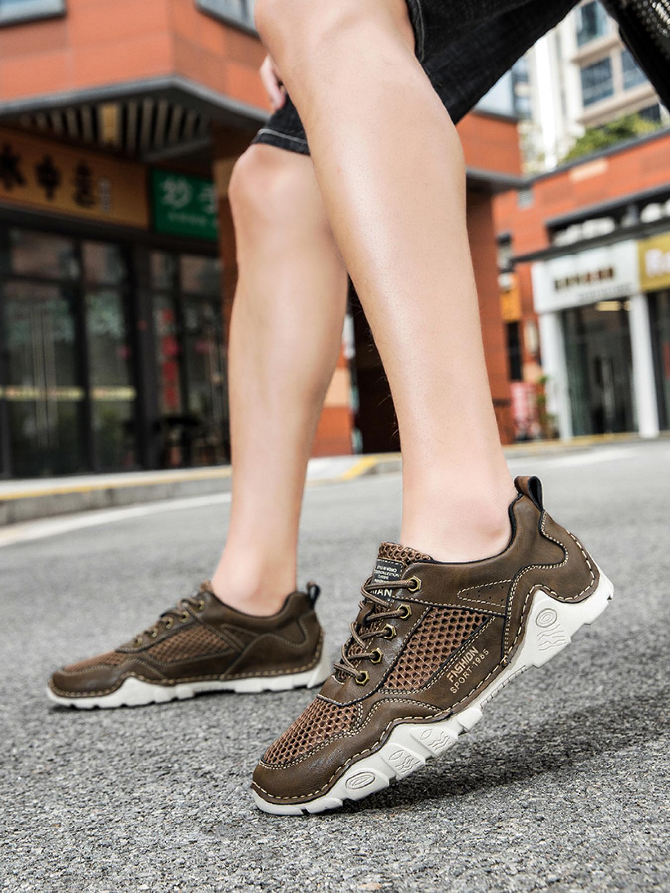 Men's Solid Color Mesh Patchwork Casual Sneakers, Hand-Stitched Thick-Soled Non-Slip Hiking Shoes, Trendy Versatile Breathable Dad Shoes