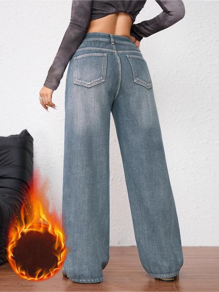 Women's Vintage Fleece-Lined Thickened Fall Winter Wide Leg Jeans, Elegant Comfortable Casual Trendy Straight Washed Denim Pants