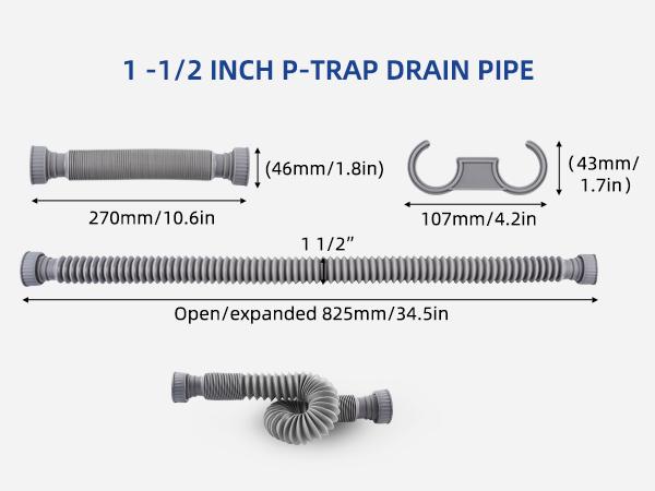 2 Pack 1-1/2" P-Trap Pipe, Flexible Sink Drain Pipe with 2 Rubber Sealing Rings, Flexible Drain Pipe Expandable 11"-34.5" P Trap Tubing Pipe for Kitchen Sink & Garbage Disposal, Gray