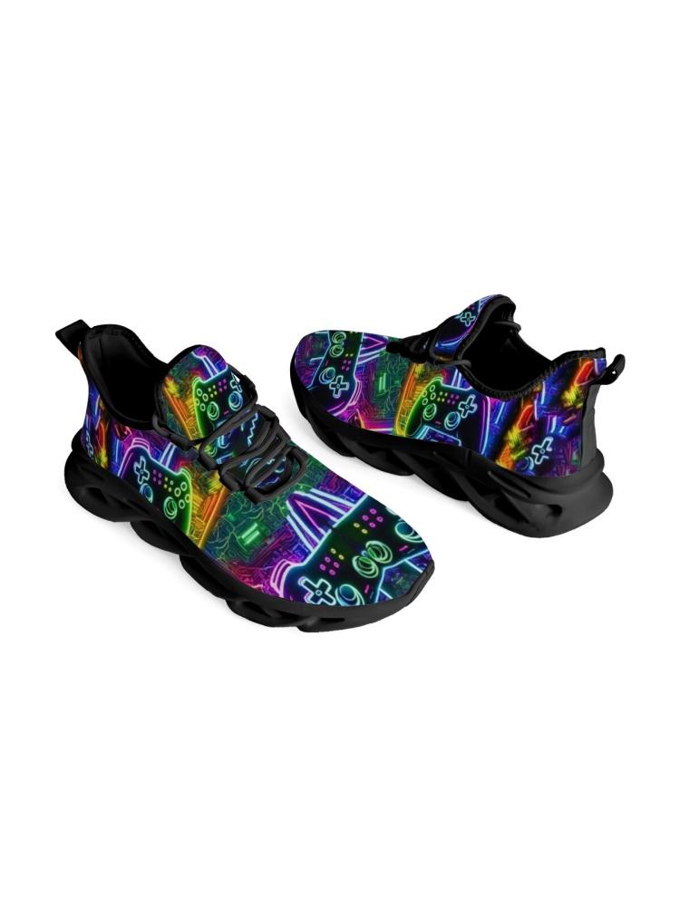 1 Pair Neon Game Controller Cyberpunk Print Blade Thick Sole Dad Shoes E-Sports Trend Shock Absorbing Breathable Casual Sneakers For Men Women