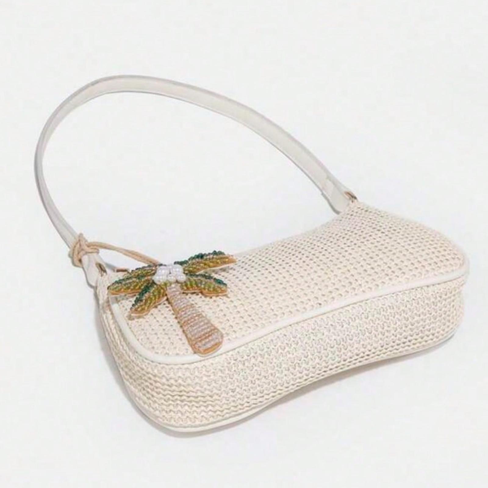 Simple Woven Underarm Bag with Charms, Ocean Animal Decorative Pendant with Beaded Chain, Summer Purse Shoulder Bag, Beachside Resort Style, Women's Zipper Hobo Bag, Suitable for Daily and Vacation Use