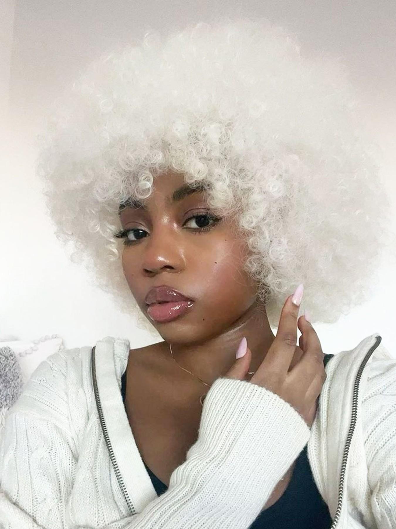 Afro Wigs for Black Women African Wigs 70s Afro Kinky Curly Huge Fluffy White Wig with Bangs Black Large and Soft Afro Wigs Natural Looking Synthetic Hair for Cosplay Halloween Daily and Party