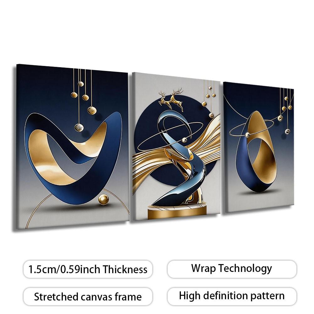 3-Panel Framed Canvas Wall Art, Navy Blue & Gold Abstract Geometry Deer Canvas Print, 3D Texture Golden Elk Wall Decor, Luxury Minimalist Art For Living Room Entryway