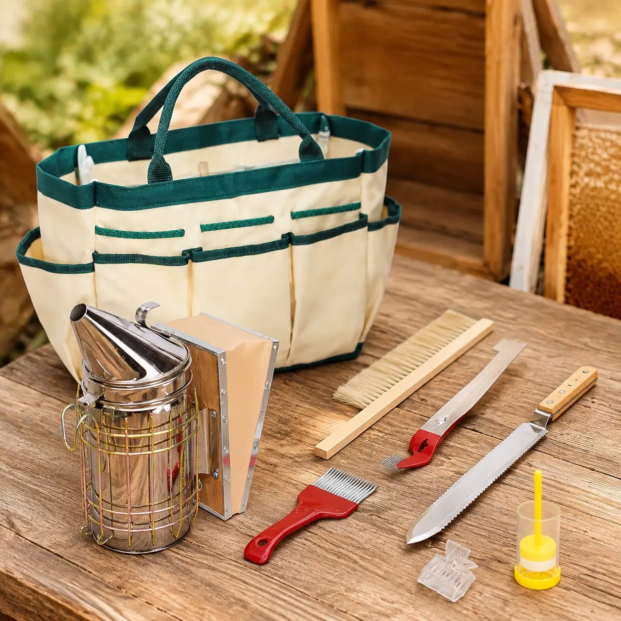 9 Pcs Beekeeping Tools Kit with Organizer Tote, Necessary Beekeeping Supplies Starter Kit Includes Bee Smoker Kit and Beehive Tools