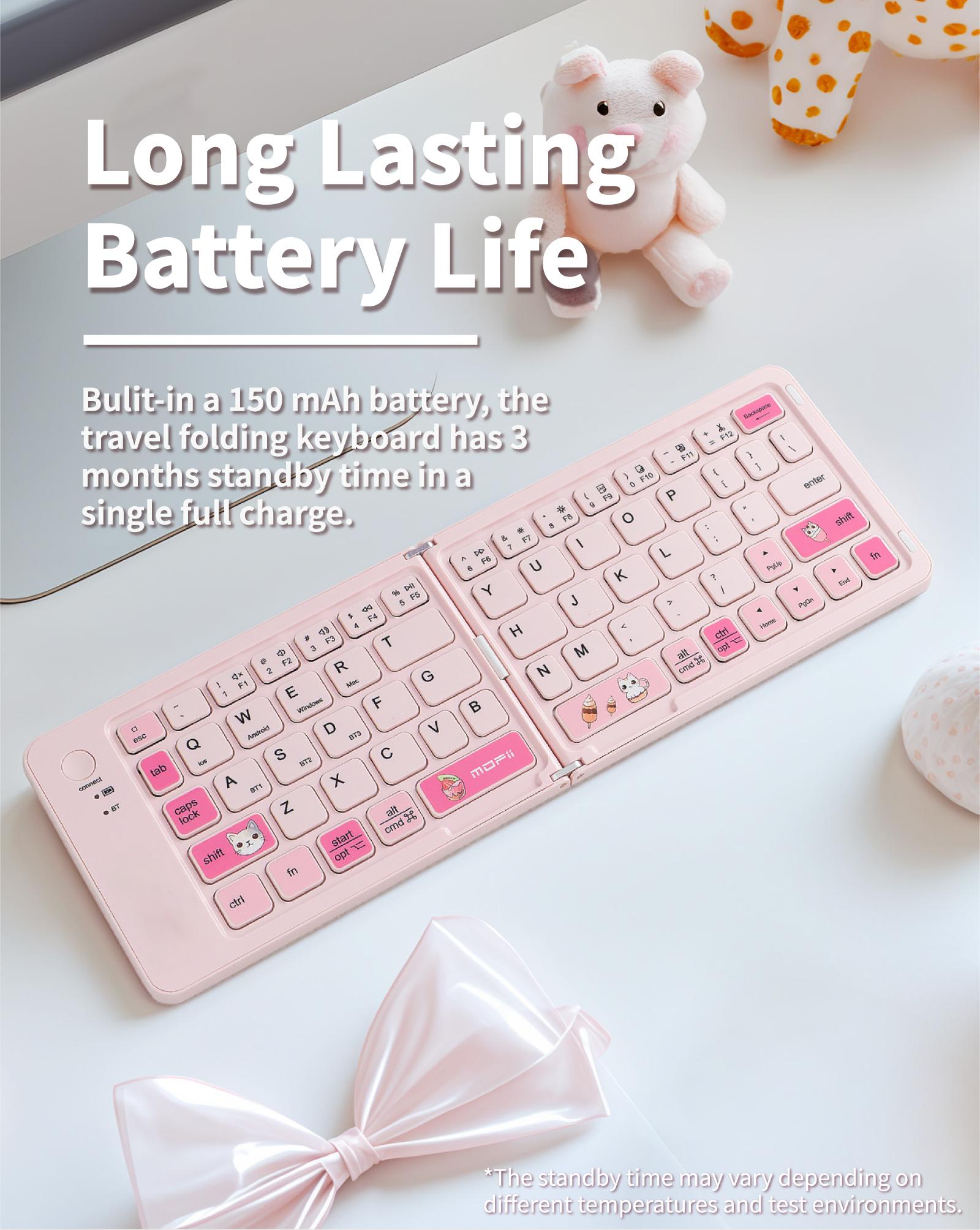 MOFii 1 Pc Z1 Pink Cat Foldable Bluetooth Keyboard, Rechargeable Portable Office Keyboard, Cute iPad Tablet Essential for Girls, US Qwerty