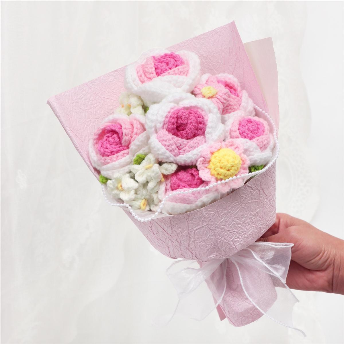 Handmade Crochet Flower Bouquet, 1 Bunch Decorative Artificial Flowers for Home Decor, Weddings, Parties & Anniversaries, Perfect Gift for Valentine’s Day, Birthday, Mother’s Day & Thanksgiving, Fake Flower