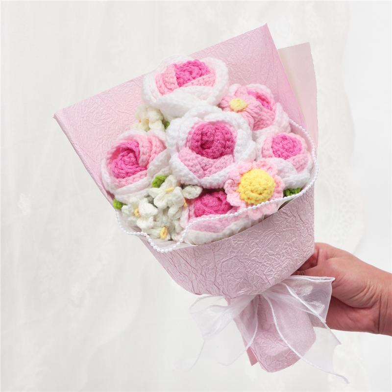 Handmade Crochet Flower Bouquet, 1 Bunch Decorative Artificial Flowers for Home Decor, Weddings, Parties & Anniversaries, Perfect Gift for Valentine’s Day, Birthday, Mother’s Day & Thanksgiving, Fake Flower