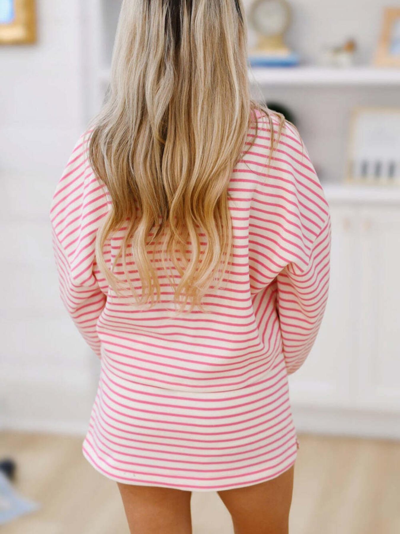 Women's Fashion Casual Striped Knit Top & Adjustable Drawstring Waist Skirt Set, Loose Fit Home Wear, Comfortable Two-Piece