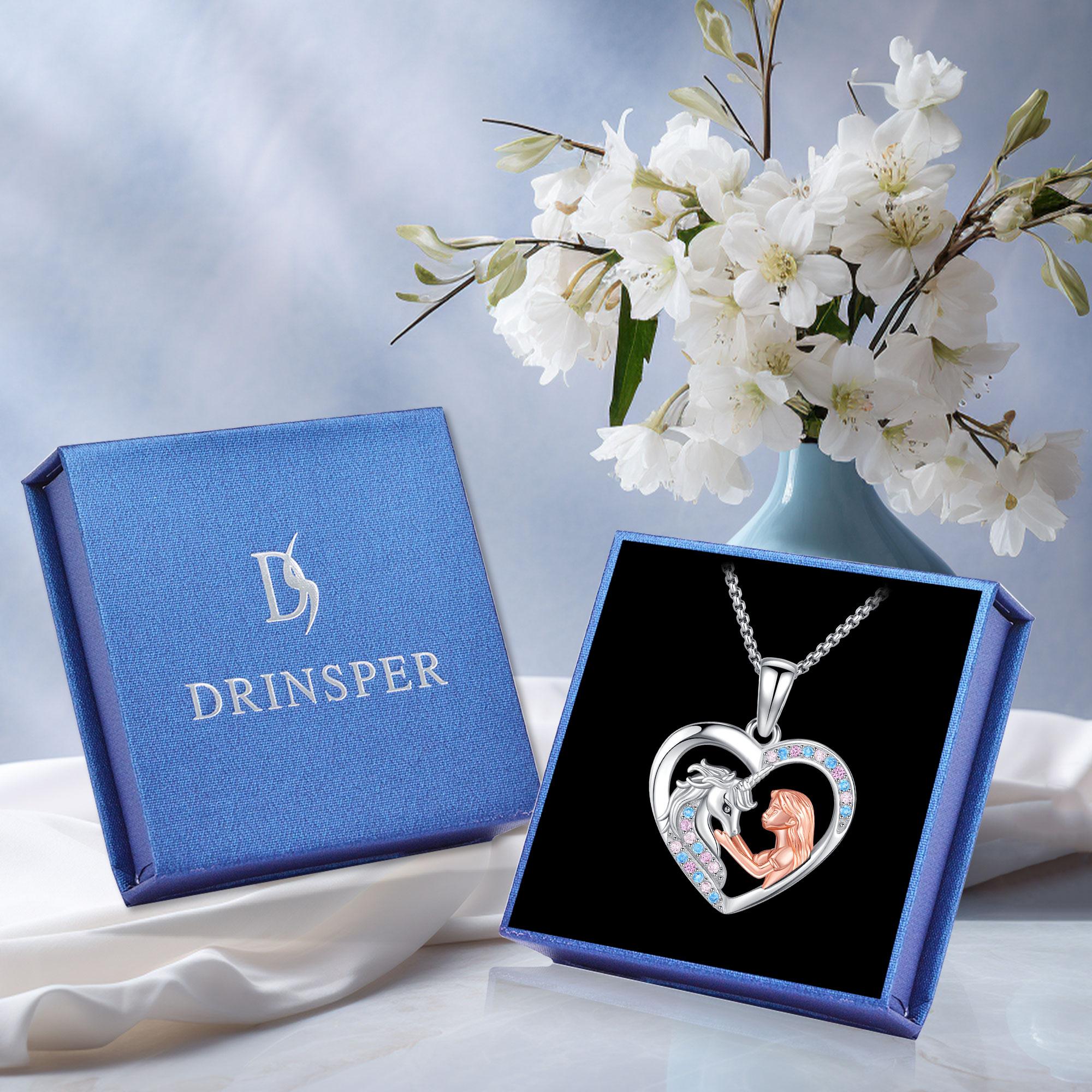 DRINSPER S925 Girl with Unicorn Pendant Necklace 925 Sterling Silver Heart Pendant With Rainbow Zirconia Cubic Jewelry Gift For Women Girls For Christmas Birthday Valentine Anniversary Holiday