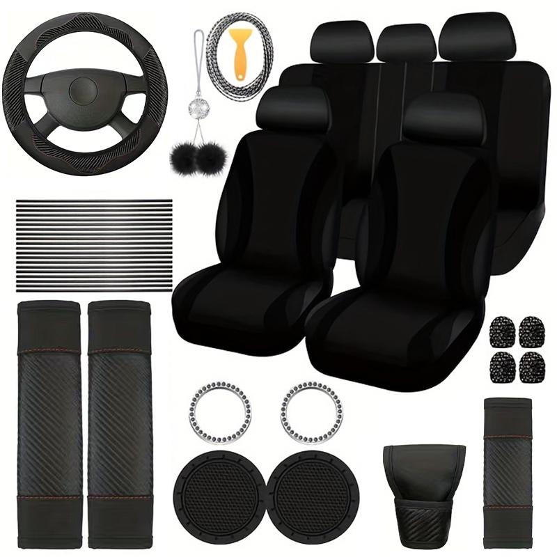 45-Piece Luxury Car Seat & Interior Set: Car Interior Decoration, Polyester 5-Seater Seat Covers, Plush Hanging Charms, PU Leather Steering Wheel Cover, Shoulder Pads, Gear Shift Cover, and Other Decorative Items; Fits Most Sedan and SUV Models