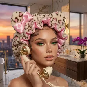 Luxury Pink Leopard Heatless Hair Bonnet Hood, Soft Teddy Material Sleep Wrap for Haircare Styling, Curly Hair Caps Women Gifts