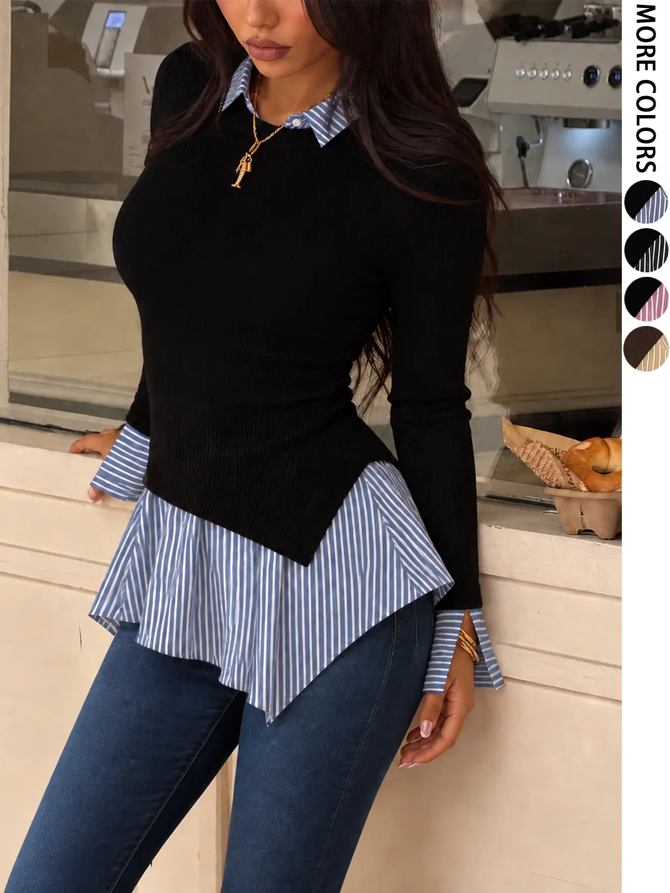 Long Sleeve Fake Two-Piece Top, Asymmetrical Hem Layered Shirt, Colorblock Striped Sleeves, Casual Office Wear, Elegant Daily