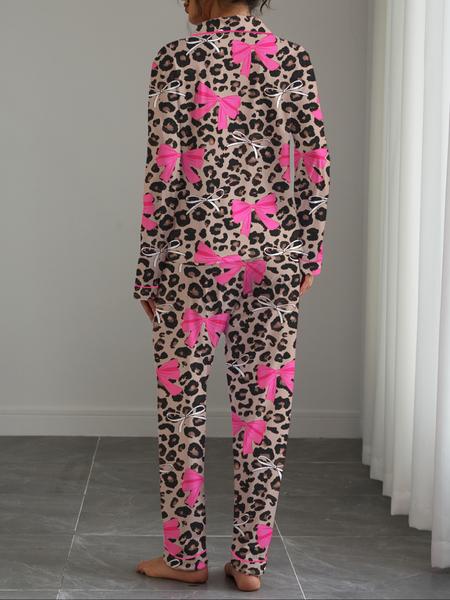 Women's Autumn Winter Pajama Set, Cute Bowknot Print, Holiday Party Sleepwear, Shirt Collar Button Long Sleeve Top & Elastic Pants, Pajamas For Adults