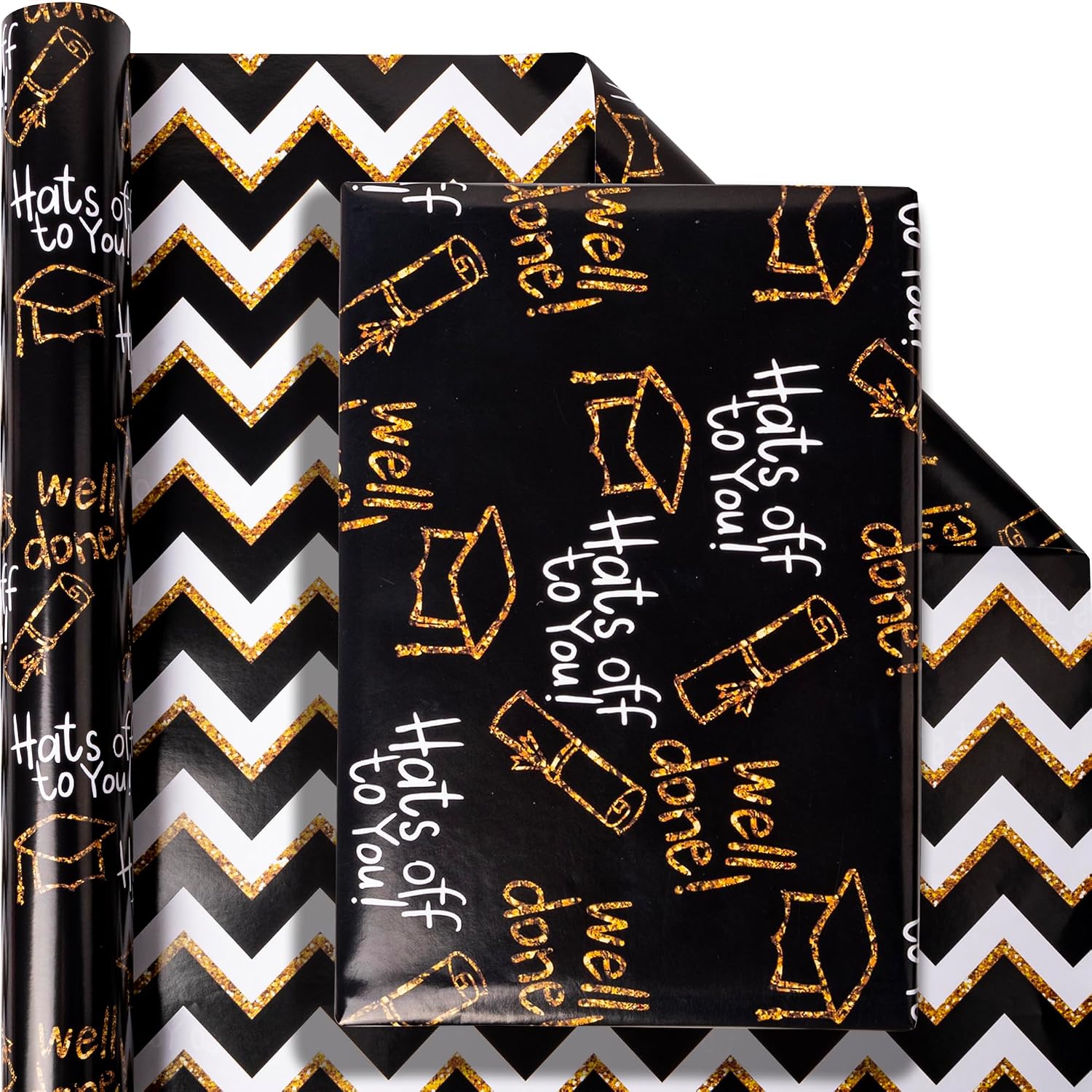 Reversible Graduation Wrapping Paper Set Rolls Black  Trencher Cap and Wavy Stripes  Wrap Sheets for Party Celebration Annusarily  to School  28.5sq.ft