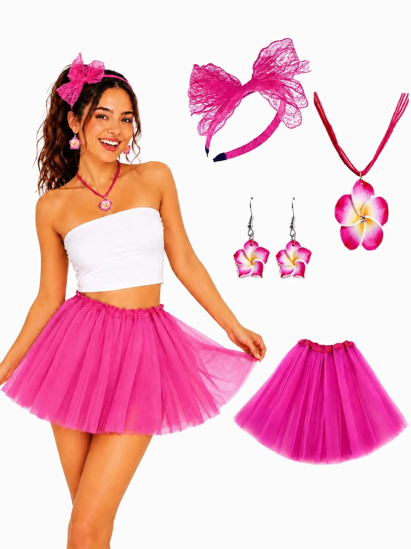 Women’s Pink Tutu Costume Accessories Set, Layered Tulle Skirt with Lace Bow Headband, Flower Necklace Earrings and Lip Rings, Y2K Sweet Party Festival Cosplay Outfit
