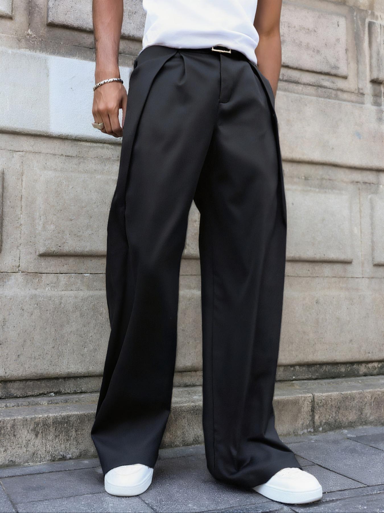 Men's Fashion Wide Leg Pants, Wrinkled Buttoned Regular Length Pants for All-Season, Suitable for Daily Use