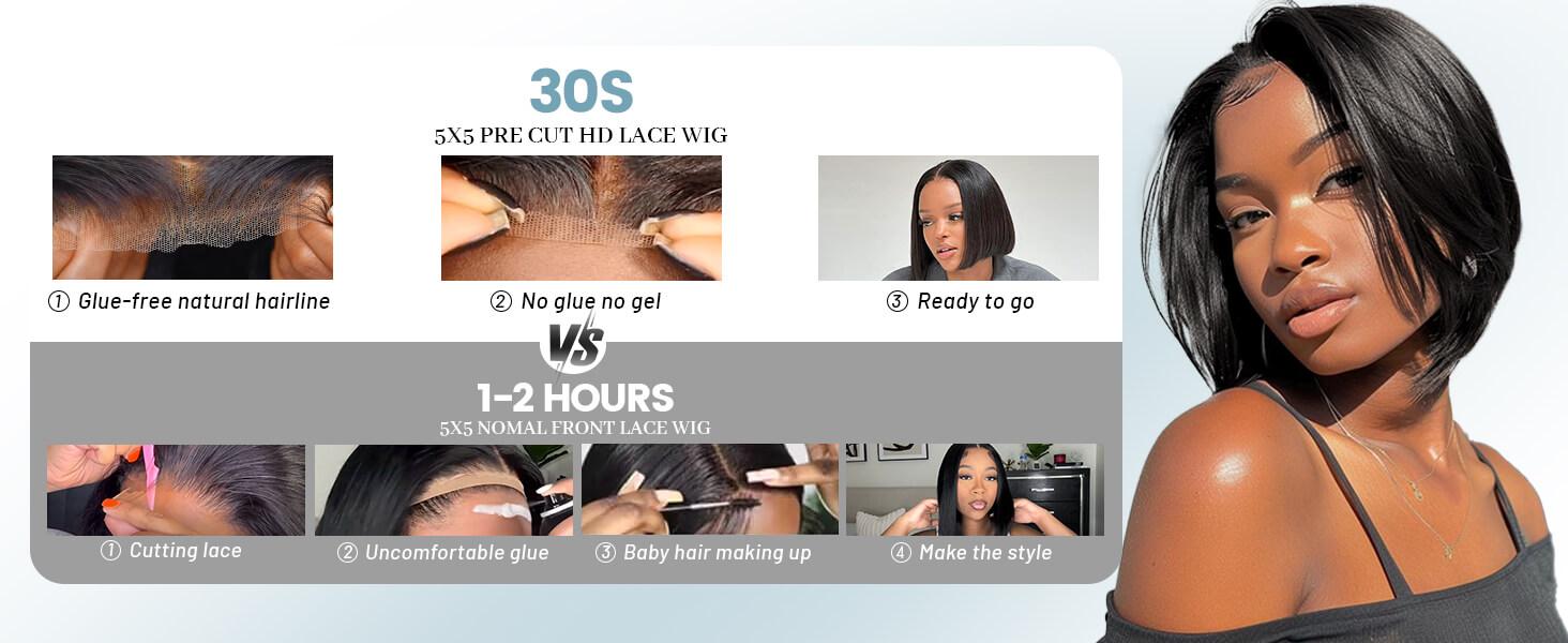 Glueless Staight Short Bob Wig 5x5 Pre Plucked Hairline Pre-Cut  Lace Wig 180% Density HD Transparent Lace Closure Wigs Human Hair for Black Women Short Straight Bob Wigs No Glue Lace Closure Wigs Beginner Friendly Gift for Girlfriend/Wife/FamilySpringtok
