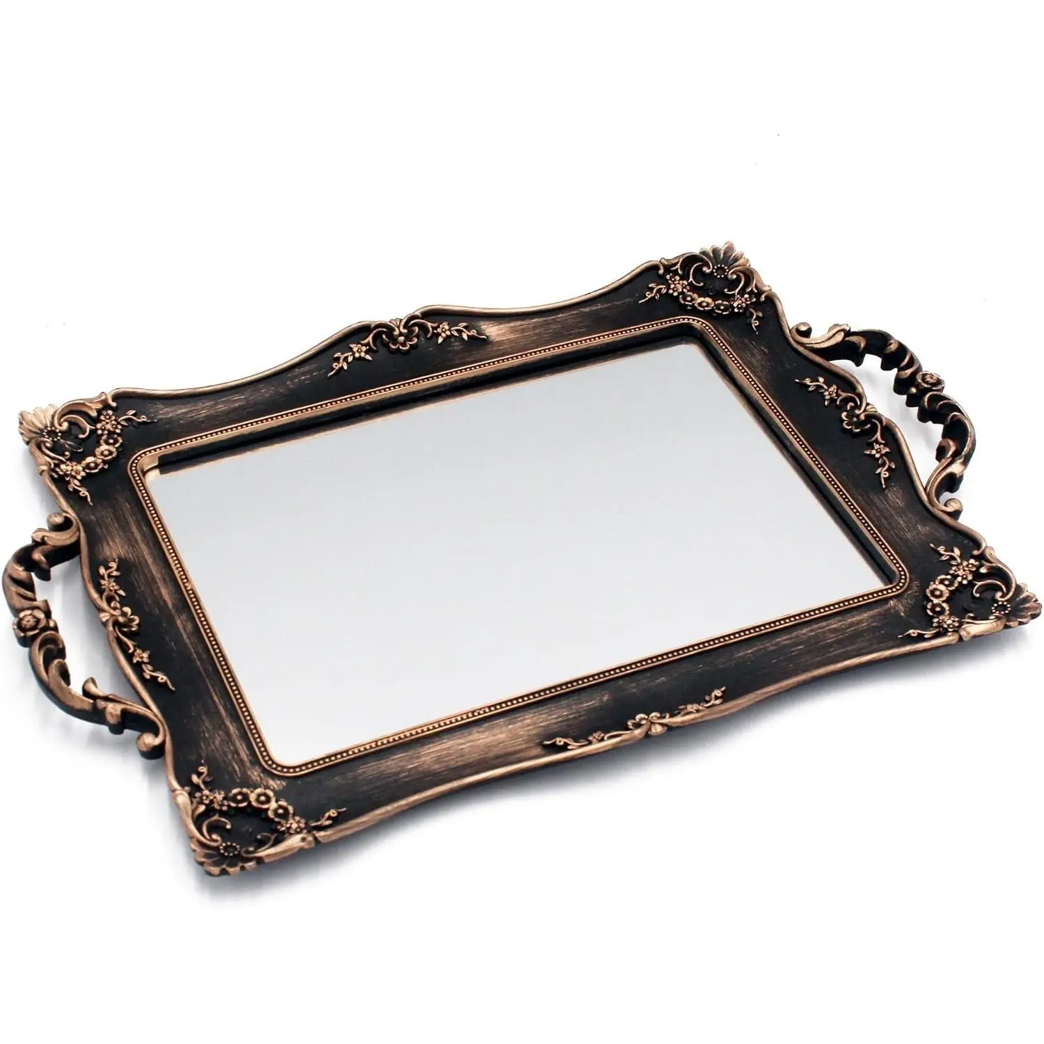 Antique Decorative Gold Framed Square Mirror Tray, Jewelry & Cosmetics Organizer for Dresser, 9.5" W x 14.5" L, BronzeGift