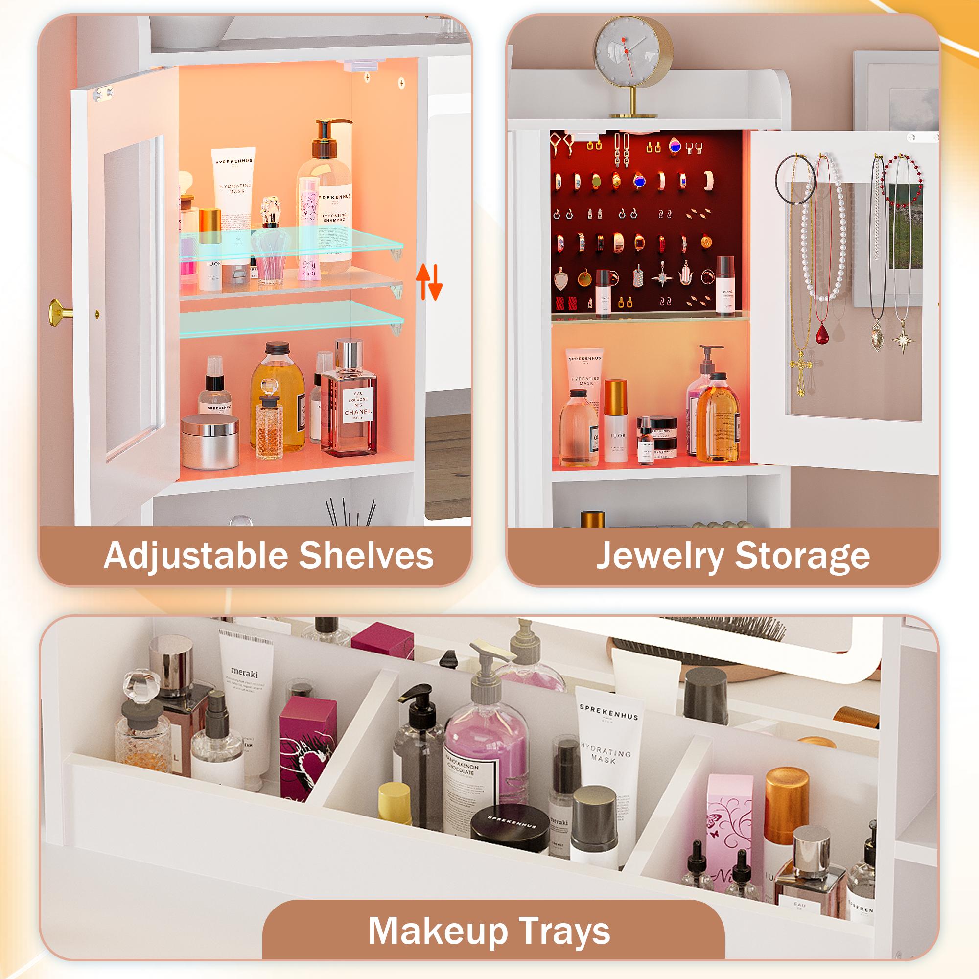 Vanity Desk with Mirror and Lights, with Power Outlet and LED Jewelry Cabinet Modern Capacity Makeup Vanity with 7 Drawers, Makeup Table for Bedroom,Makeup Room,White