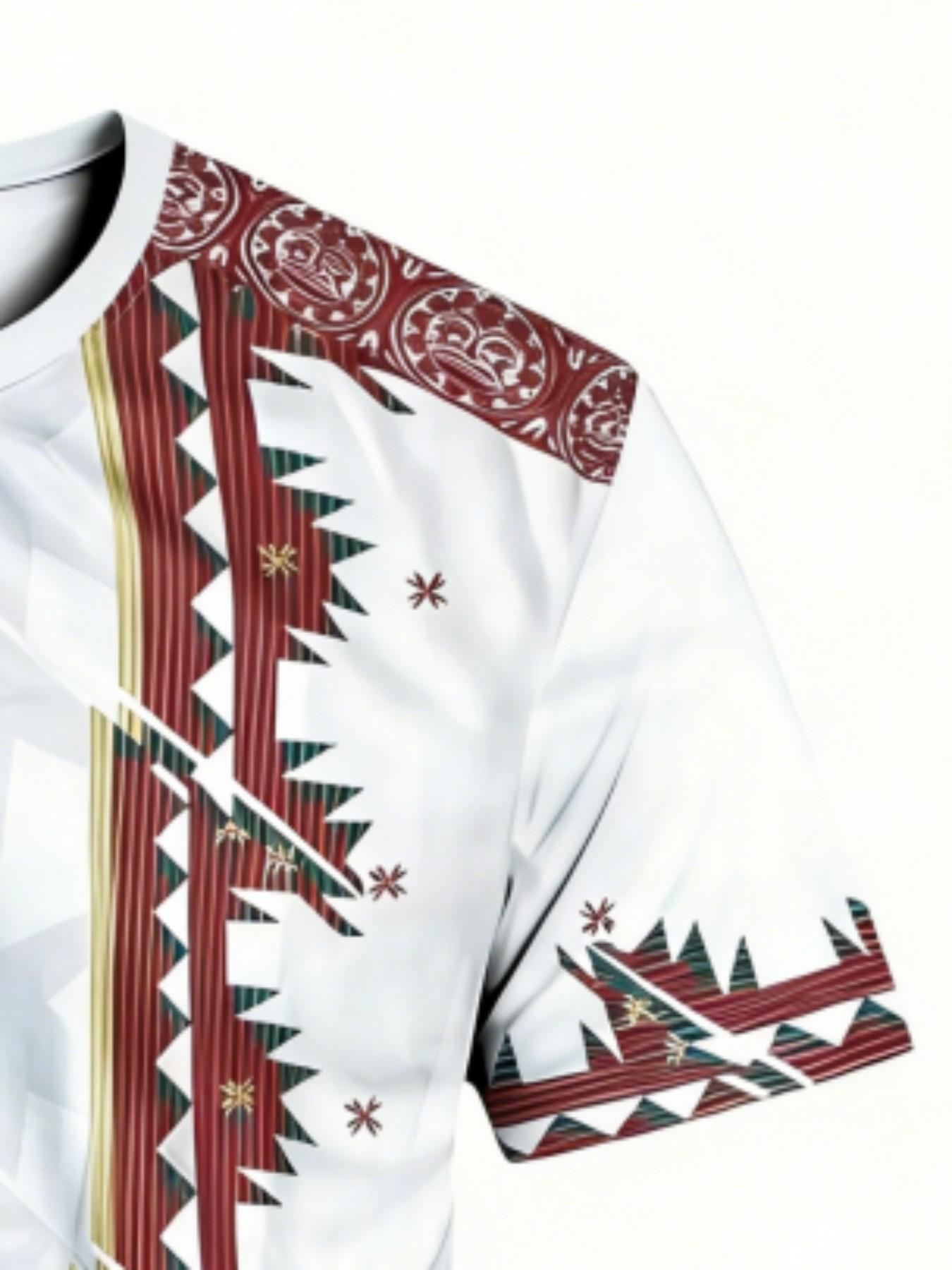 Men's Aztec Tribal Geometric T-Shirt, Native Culture Street Style Round Neck Short Sleeve Top, Loose-Fitting All Seasons Clothing